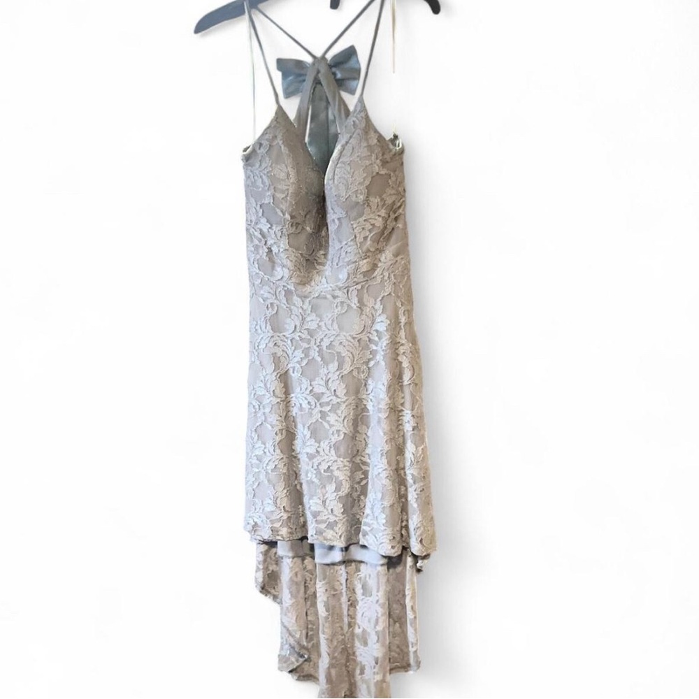 Spaghetti Strap Lace High Low Mini Dress with Bow